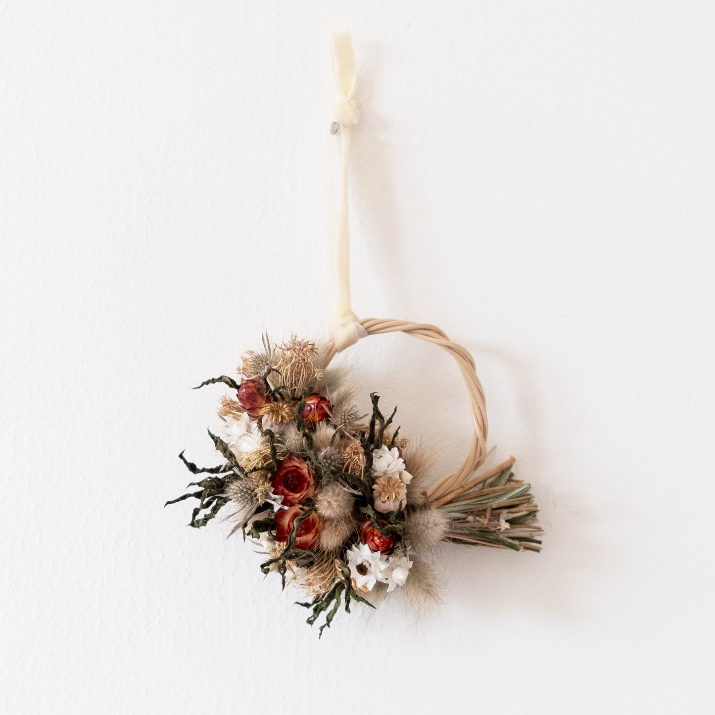 red strawflower, blue thistles, fennel, poppy head and bunny tails mini festive feel wreath hung by a cream velvet ribbon on a white wall