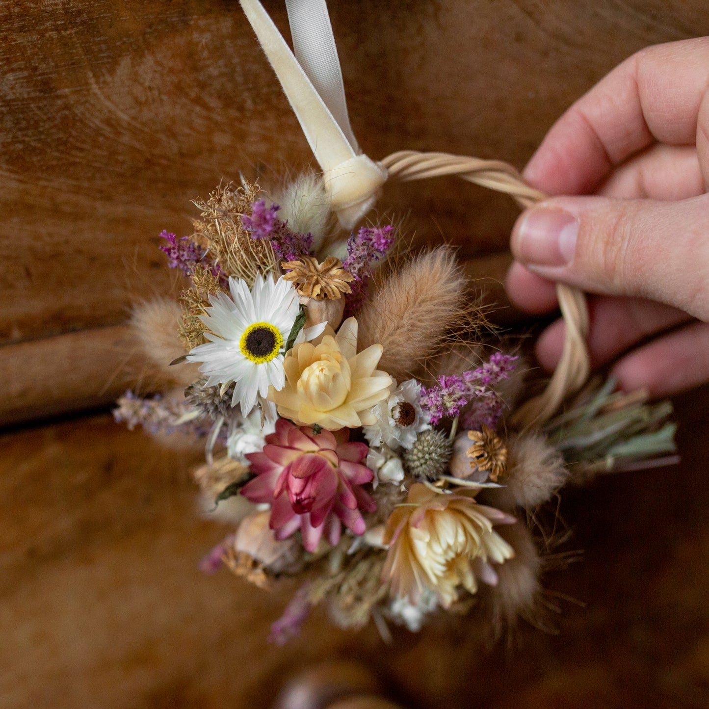 Mini dried flower pink and cream wreath